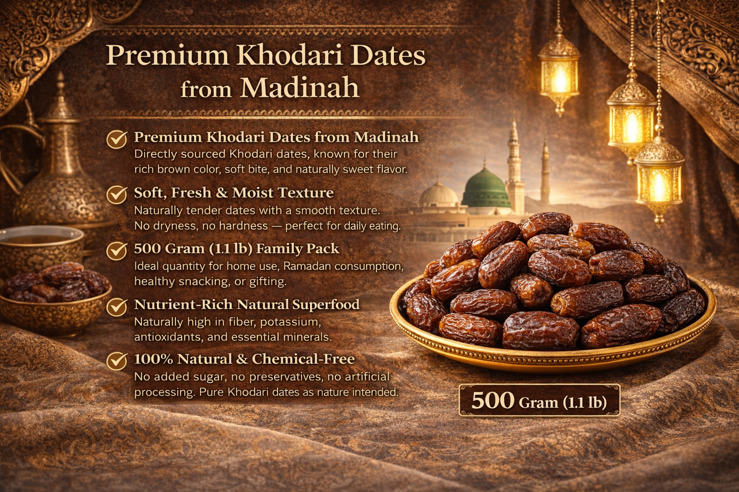 Khodari Dates from Madinah – Premium Khodari Dates 500g (1.1 lb) | Soft, Fresh & Naturally Sweet | No Added Sugar | Natural Superfood