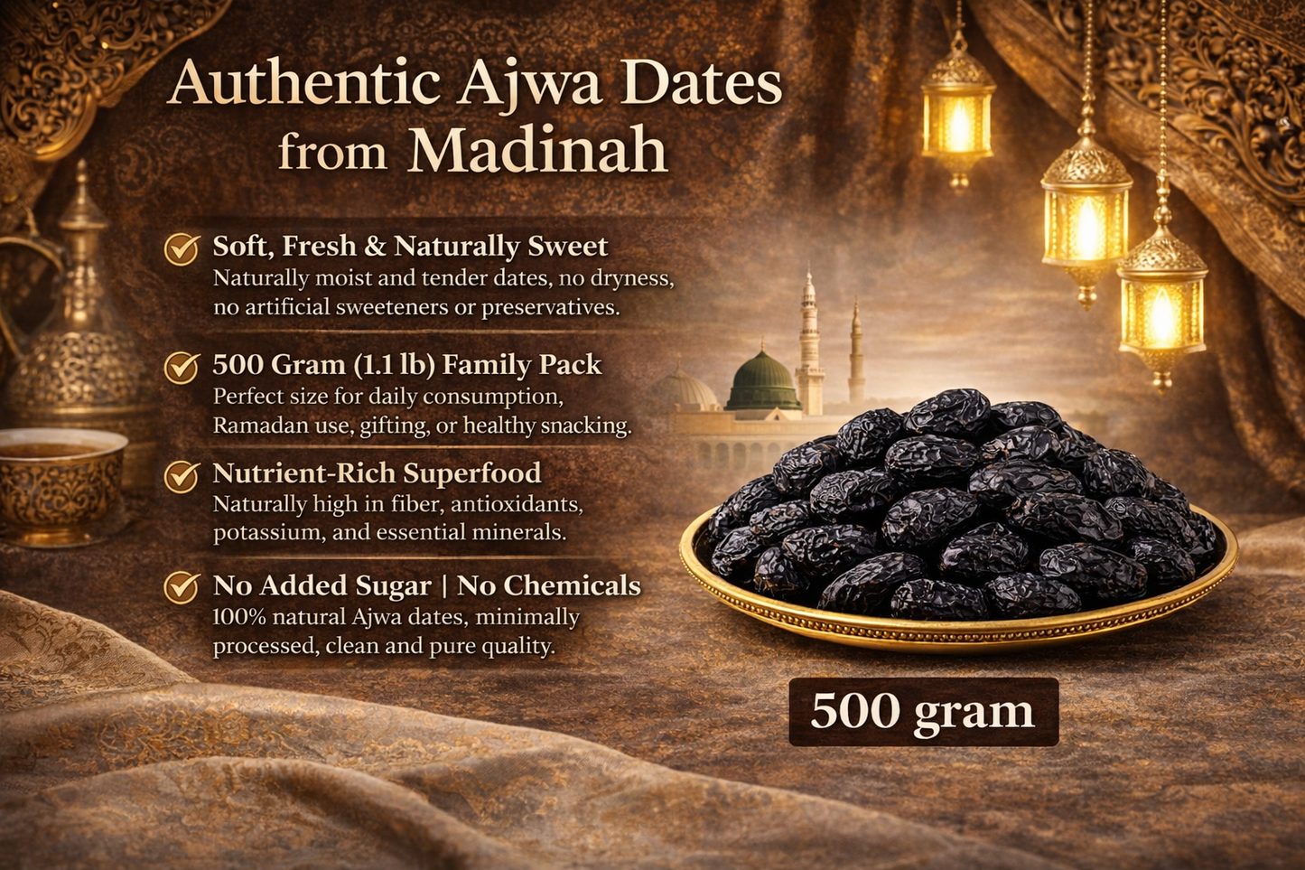 Premium Ajwa Dates 500g (1.1 lb) | Authentic Al Madinah Ajwa | Soft, Fresh & Naturally Sweet Dates
