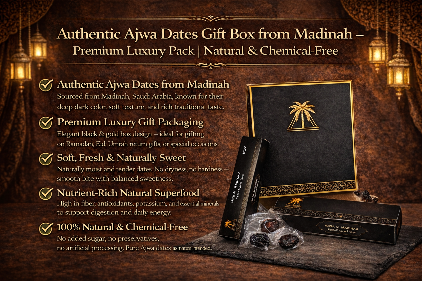 Authentic Ajwa Dates Gift Box – 12 Long Boxes (7 Dates Each) | Premium Ajwa from Madinah | Natural & Chemical-Free