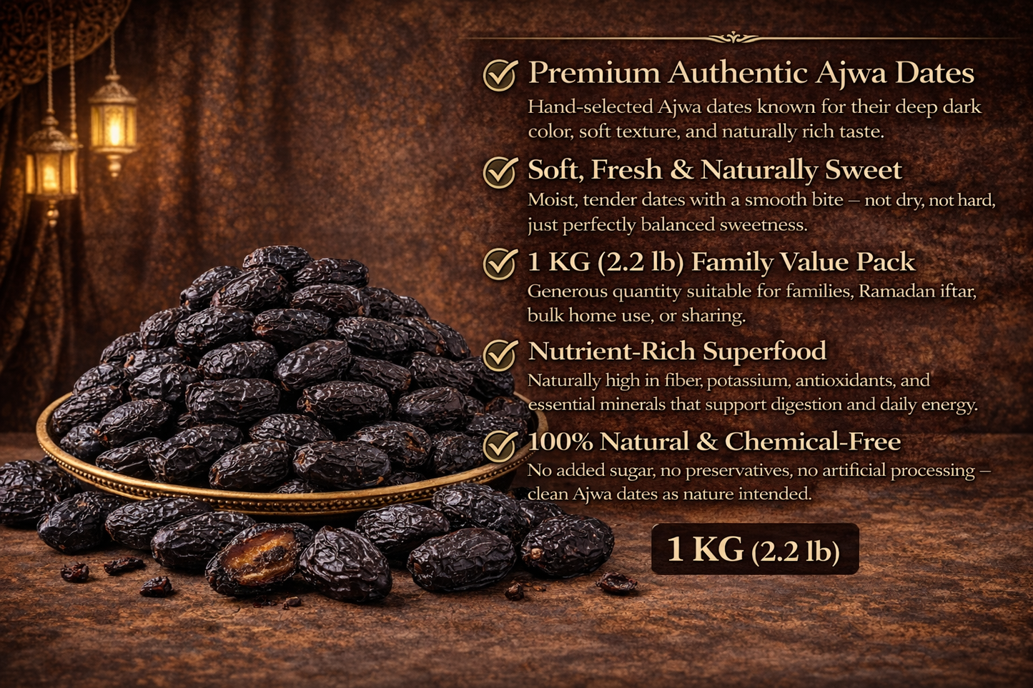 Ajwa Dates 1 KG (2.2 lb) | Premium Soft Ajwa from Madinah | Natural & Chemical-Free